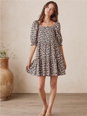 Levi’s Woman Black Floral Babydoll Puff Sleeve Tier Mini Dress LARGE Cottagecore